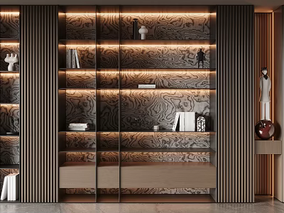 Elegant Modern Wooden Textured Bookcase With LED Lighting Glass Doors And Decorative Sculptures 3d model