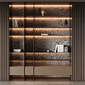 Elegant Modern Wooden Textured Bookcase With LED Lighting Glass Doors And Decorative Sculptures