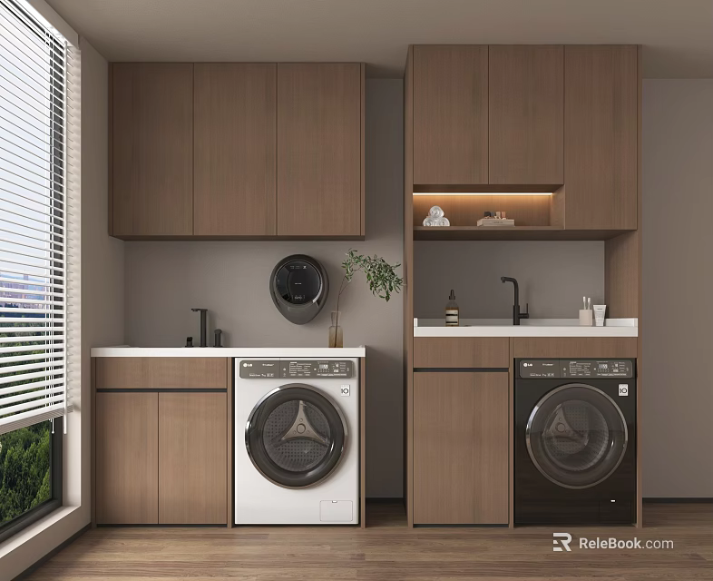 Laundry Room With Wooden Cabinets White And Black Washing Machines Countertop And Window Blinds 3d model 