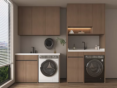 Laundry Room With Wooden Cabinets White And Black Washing Machines Countertop And Window Blinds 3d model