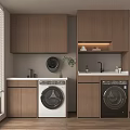 Laundry Room With Wooden Cabinets White And Black Washing Machines Countertop And Window Blinds