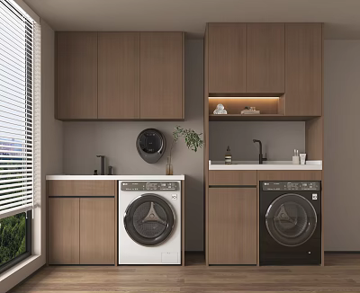 Laundry Room With Wooden Cabinets White And Black Washing Machines Countertop And Window Blinds 3d model
