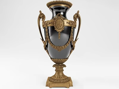 Classic Black And Gold Decorative Vase Sculpture With Ornate Handles Medallion And Base 3d model