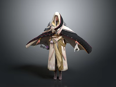 Woman Standing in Patterned Robe with Cloak and Hood Spreading Hands 3d model