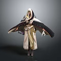 Woman Standing in Patterned Robe with Cloak and Hood Spreading Hands