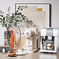 Stylish Modern Kitchen Countertop With Coffee Maker Green Plants Mugs And Appliances