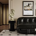 Luxurious Living Dining Room Interior With Black Leather Sofa Wooden Coffee Table And Chandelier