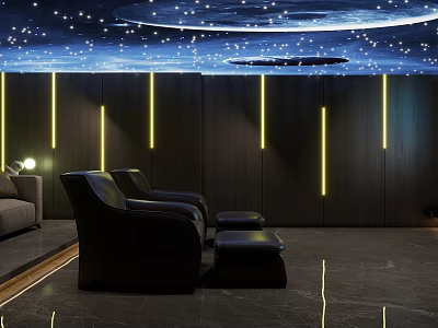 Home Theater With Starry Ceiling Yellow LED Strips Dark Wood Walls Black Recliners And Ottomans 3d model