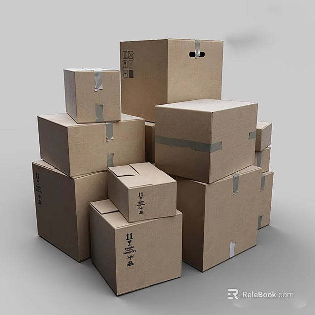 Stacked Brown Cardboard Boxes In Various Sizes Sealed With Tape For Shipping 3d model 
