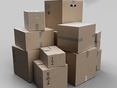 Stacked Brown Cardboard Boxes In Various Sizes Sealed With Tape For Shipping 3d model