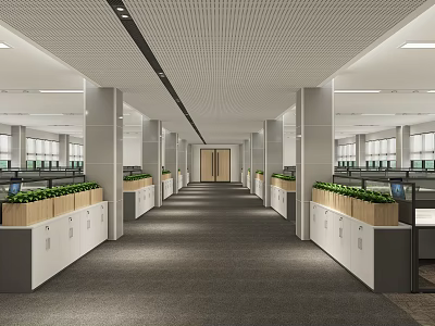 Modern Public Office Space Interior With Long Corridor Workstations Green Plants And Bright Lighting 3d model