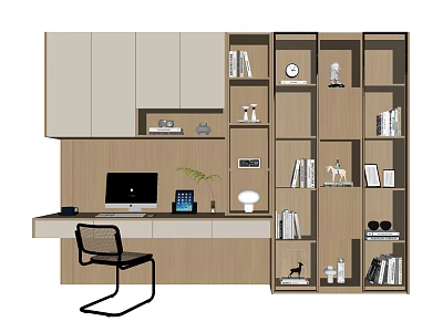 Modern Wooden Bookcase With Study Desk Computer Chair And Decorative Shelves 3d model