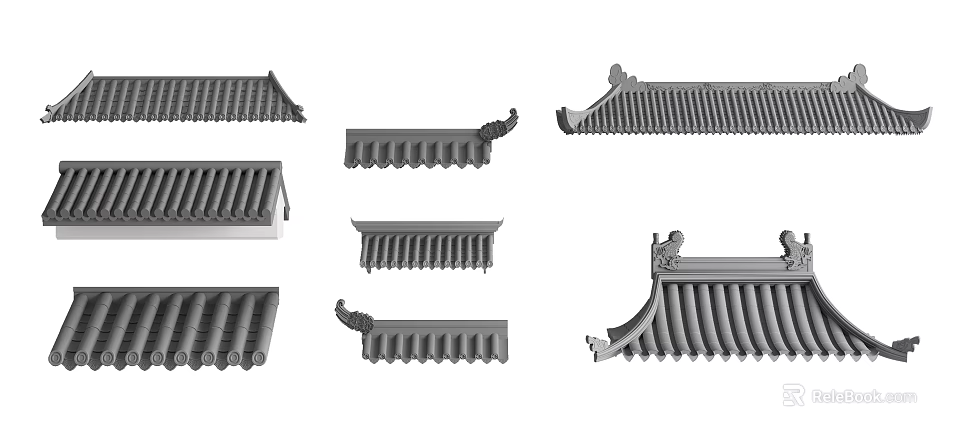 Traditional Chinese Roof Components with Various Architectural Eave and Tile Designs 3d model
