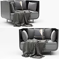 Modern Single Sofa With Gray Blue Upholstery Throw Blanket And Cushions 3d model
