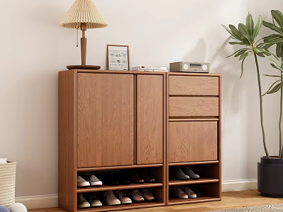 Wooden Shoe Cabinet With Double Doors Drawers And Decorative Items For Indoor Use 3d model