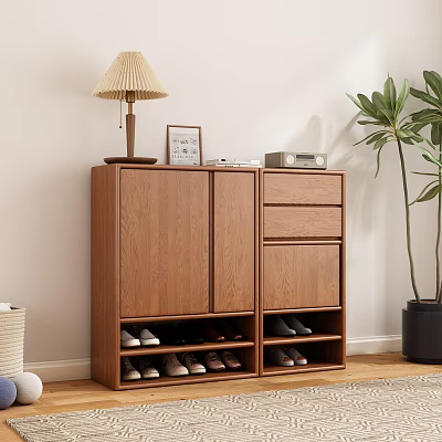 Wooden Shoe Cabinet With Double Doors Drawers And Decorative Items For Indoor Use 3d model