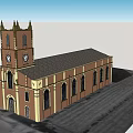 Ancient Red Brick Building Featuring Arched Windows And Clock Tower Structure 3d model
