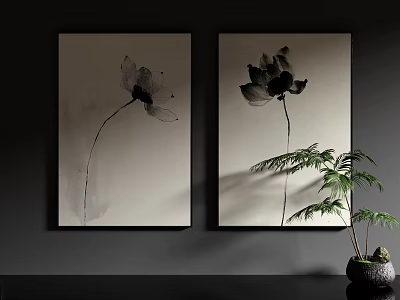 New Chinese Zen Hanging Painting Combination Lotus Freehand Traditional Chinese Painting Background Wall Hanging Painting Corridor Hanging Painting 3d model