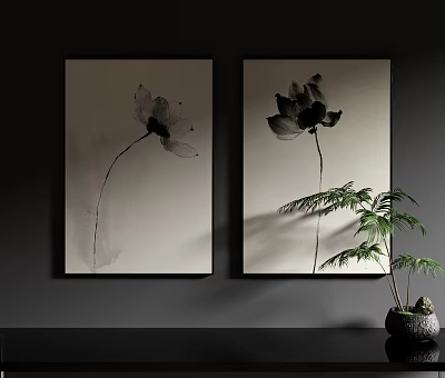 Botanical Lotus Paintings Displayed on Dark Wall With Potted Plant 3d model