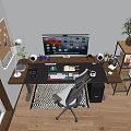 Modern Home Office Desk With Computer Monitor Keyboard Stationery Pinboard Lamp Chair And Plant Shelf