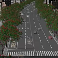 Urban Commercial Street Landscape With Red Flower Trees And Moving Vehicles