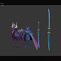 Fantasy Game Character Armored Warrior With Magical Horse And Blue Swords