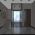 Glass Elevator in Modern Entrance Hall With Staircase Wall Art and Ceiling Lights