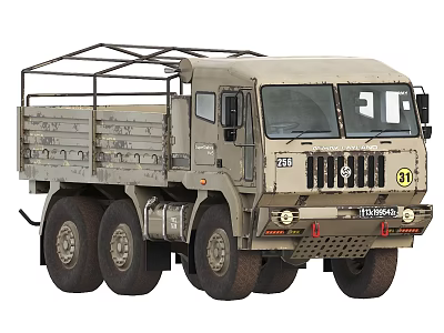 Khaki Military Cargo Truck With Six Wheels And Metal Frame Bed 3d model