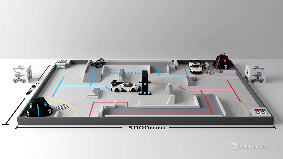 Automated Robot Test Platform With Colored Paths And Obstacles In 5000mm Area 3d model