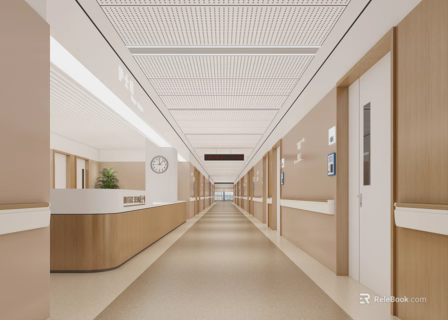 Hospital Outpatient Clinic Corridor With Reception Desk Clock Plant And Wooden Doors 3d model 