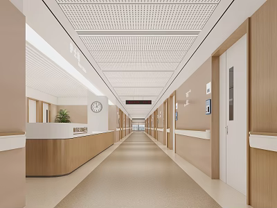Hospital Outpatient Clinic Corridor With Reception Desk Clock Plant And Wooden Doors 3d model