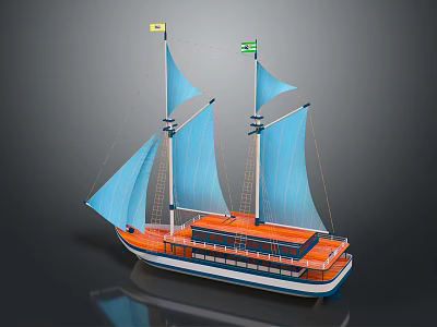 Sailing Ship With Blue Sails Orange Deck Two Flags And White Blue Hull 3d model