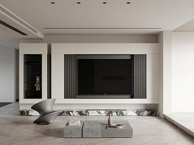 Modern Living Room TV Background Wall Design With Built in TV Marble Base And Open Shelves 3d model