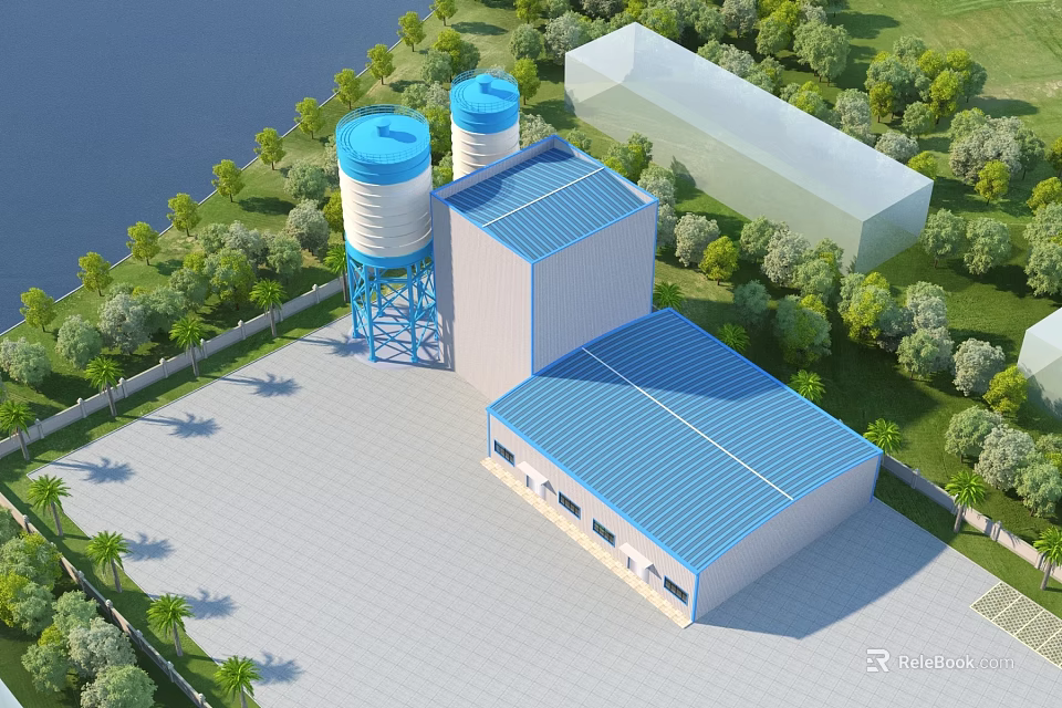 Industrial Factory Building With Blue Roof White Water Towers Green Trees And Water Area 3d model 
