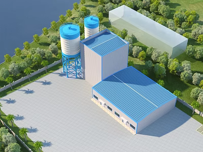 Industrial Factory Building With Blue Roof White Water Towers Green Trees And Water Area 3d model