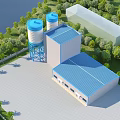 Industrial Factory Building With Blue Roof White Water Towers Green Trees And Water Area