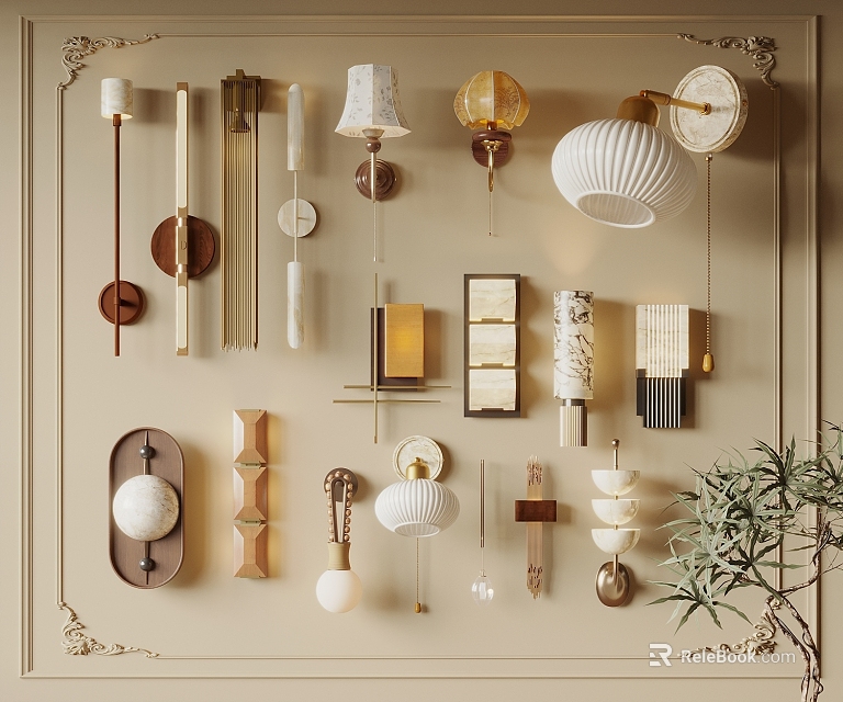 Various Modern Retro Style Decorative Wall Lamps With Metal Glass And Wooden Details 3d model 