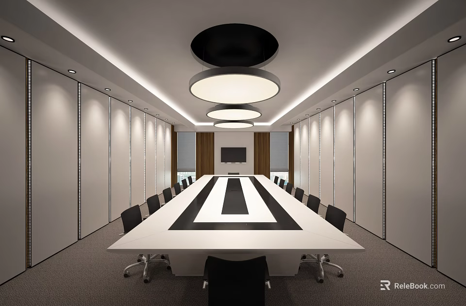 Modern Conference Room Interior With Long Table Black Chairs TV And Circular Ceiling Lights 3d model 