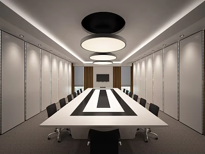 Modern Conference Room Interior With Long Table Black Chairs TV And Circular Ceiling Lights 3d model