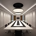 Modern Conference Room Interior With Long Table Black Chairs TV And Circular Ceiling Lights