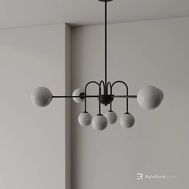 Modern Minimalist Pendant Light With White Globe Shades And Black Metal Frame 3d model 