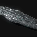 Science Fiction Warship with Metallic Texture Surface Structures and Glowing Blue Lights Against Black Background