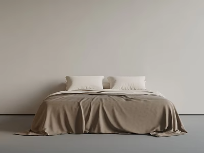 Minimalist Bedroom Interior With Bed White Pillows Light Brown Blanket Neutral Wall And Gray Floor 3d model