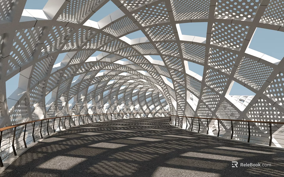 Modern Arched Bridge With Perforated Metal Structure Railings And Light Shadow Effects 3d model 