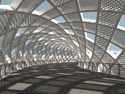 Modern Arched Bridge With Perforated Metal Structure Railings And Light Shadow Effects 3d model