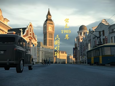 Republican Era Commercial Street with Historic Buildings Clock Tower Vintage Car and Tram 3d model