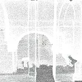 Ancient Building Wall With Detailed Figure Frescoes Archway Stone Column And Cross