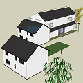 Traditional Chinese Residential Buildings With White Walls Black Roofs Courtyard Trees Street Lamps And Figures