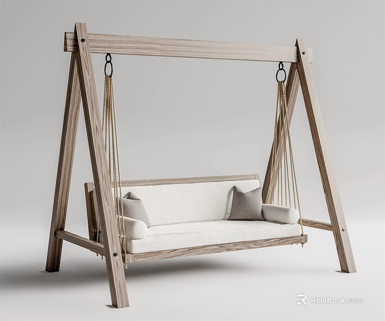 Comfortable Indoor Swing Chair With Wooden Frame And White Cushion 3d model 