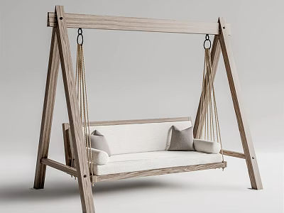 Comfortable Indoor Swing Chair With Wooden Frame And White Cushion 3d model